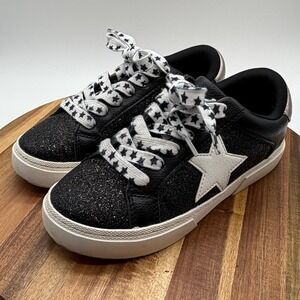 Art Class Girls Size 2 Black Glitter Star Sneakers Low Top Lace Up Shoes 0579
